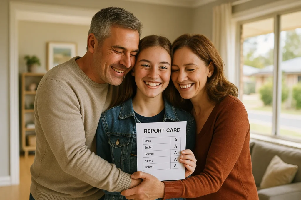 Happy parents celebrating their daughter’s academic success through AstraX Education online tutoring