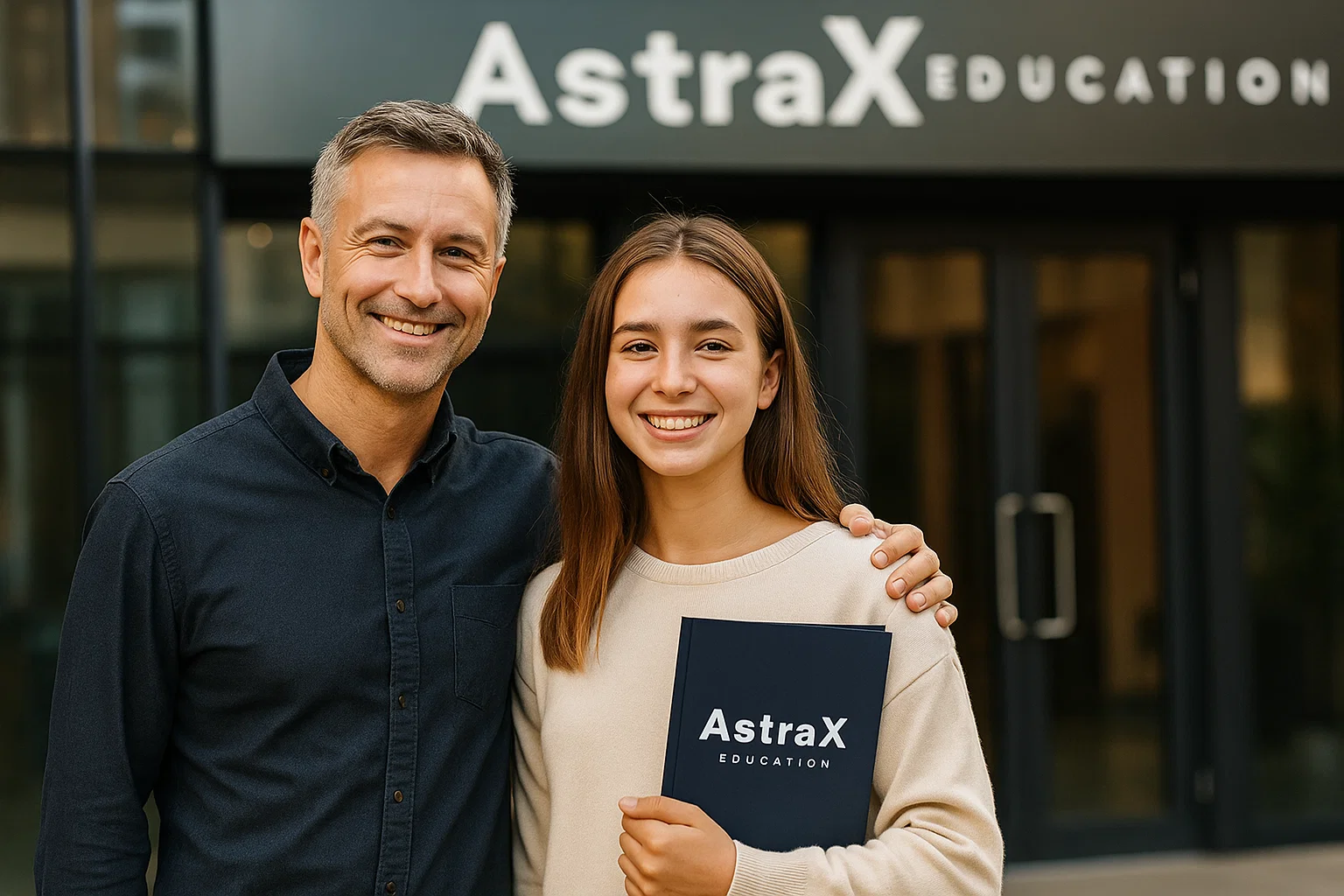 Happy parent and student celebrating academic progress with AstraX Education